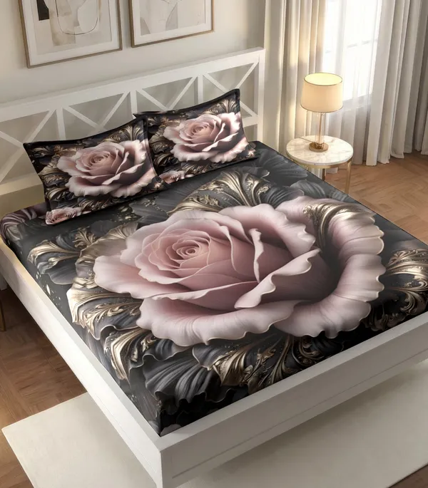 Black_Grey_Rose_Floral_Print_King_Size_Bedsheet_With_Pillow_Covers