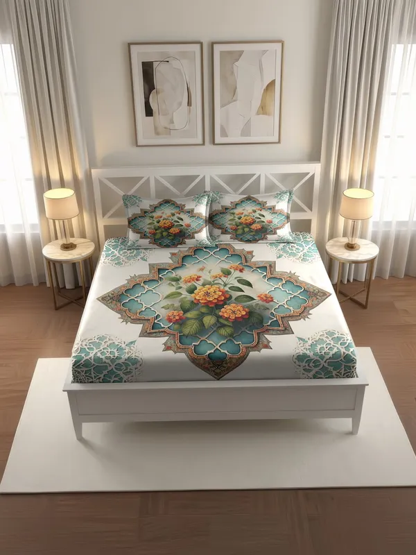White_Floral_Print_King_Size_Bedsheet_With_Pillow_Covers