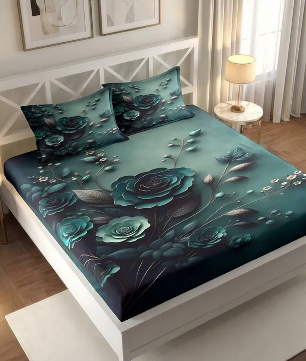 Teal_Green_Floral_Printed_Fitted_Bedsheet_With_Pillow_Covers
