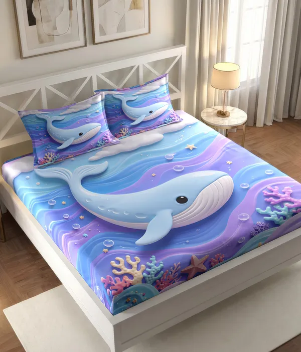 Blue_Whale_Ocean_Print_King_Size_Bedsheet_Set_With_2_Pillow_Covers