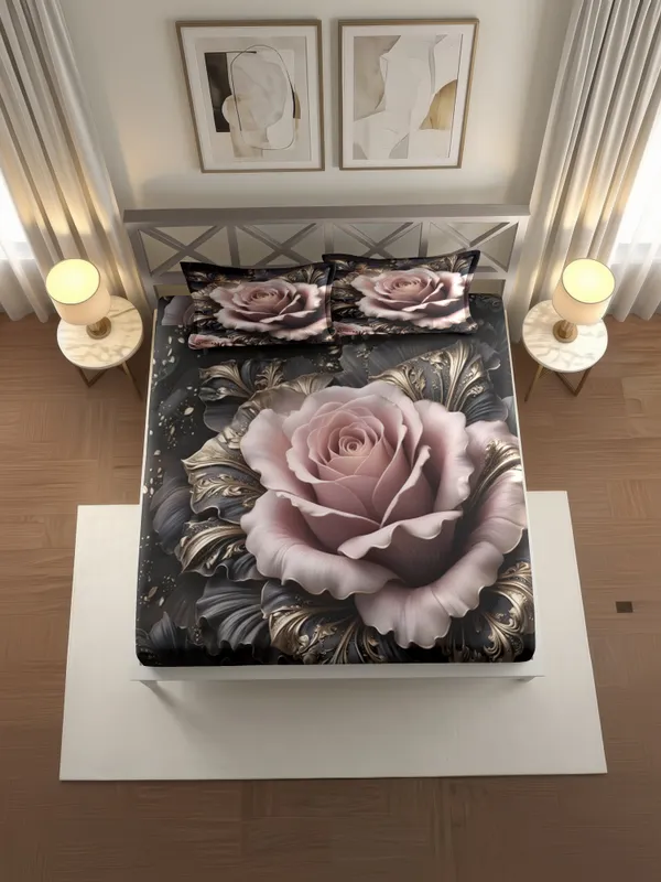 Black_Grey_Rose_Floral_Print_King_Size_Bedsheet_With_Pillow_Covers