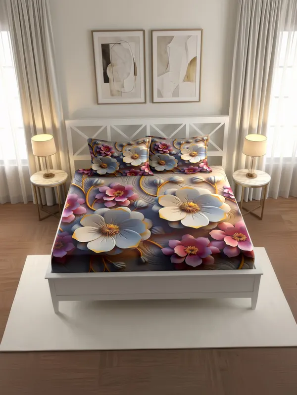 Multicolor_Floral_Print_Fitted_Bedsheet_With_Two_Pillow_Covers
