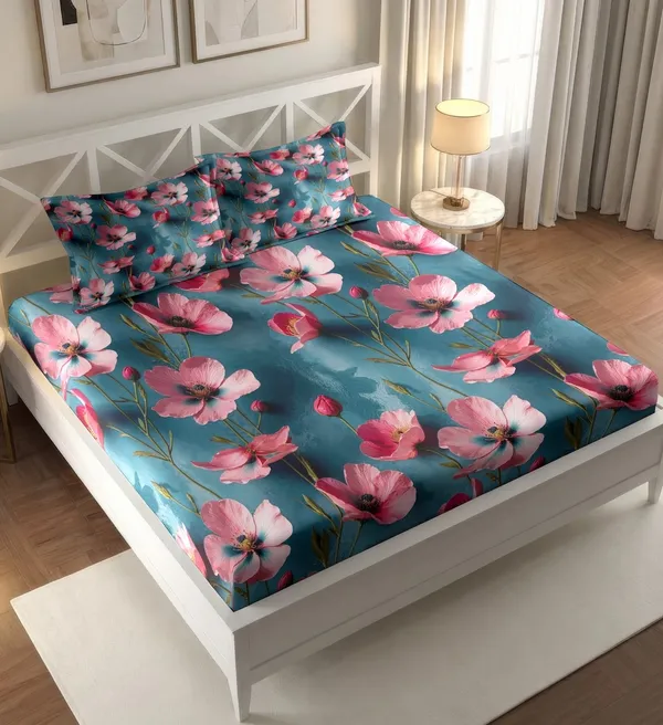 Teal_Blue_Floral_Print_King_Size_Bedsheet_Set