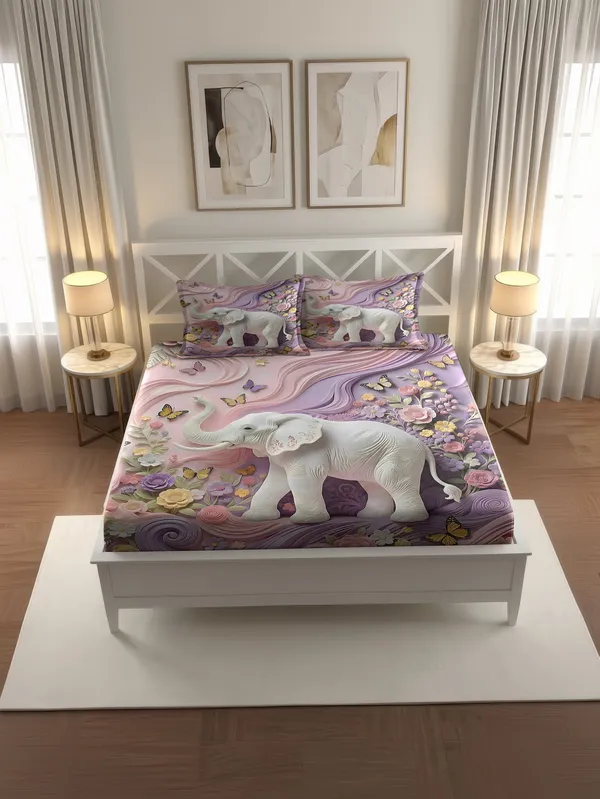 Purple_Floral_Elephant_Print_King_Size_Bedsheet_With_Pillow_Covers