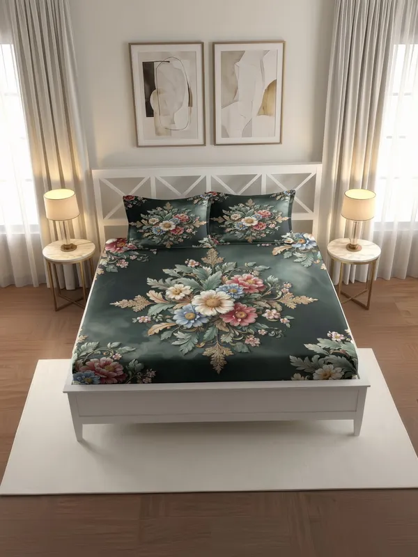 Dark_Green_Floral_Print_Fitted_Bedsheet_With_Pillow_Covers