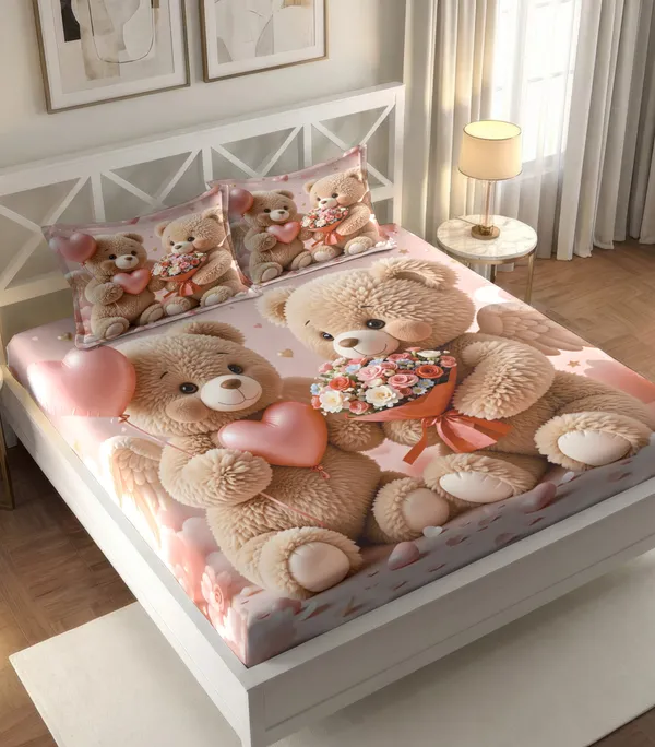 Pink_Teddy_Bear_Print_King_Size_Bedsheet_With_Pillow_Covers