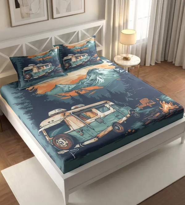 Blue_Camping_Van_Print_King_Size_Bedsheet_With_Pillow_Covers