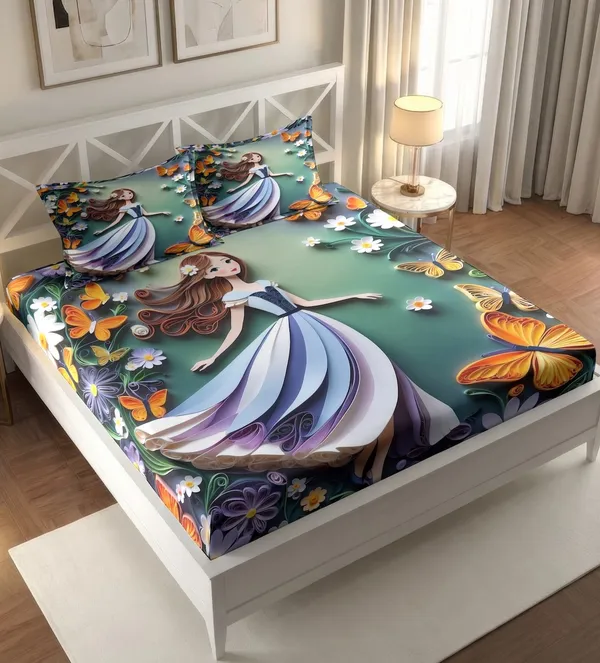 Turquoise_Floral_Butterfly_King_Size_Bedsheet_With_Pillow_Covers