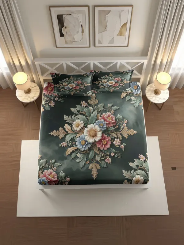 Dark_Green_Floral_Print_Fitted_Bedsheet_With_Pillow_Covers