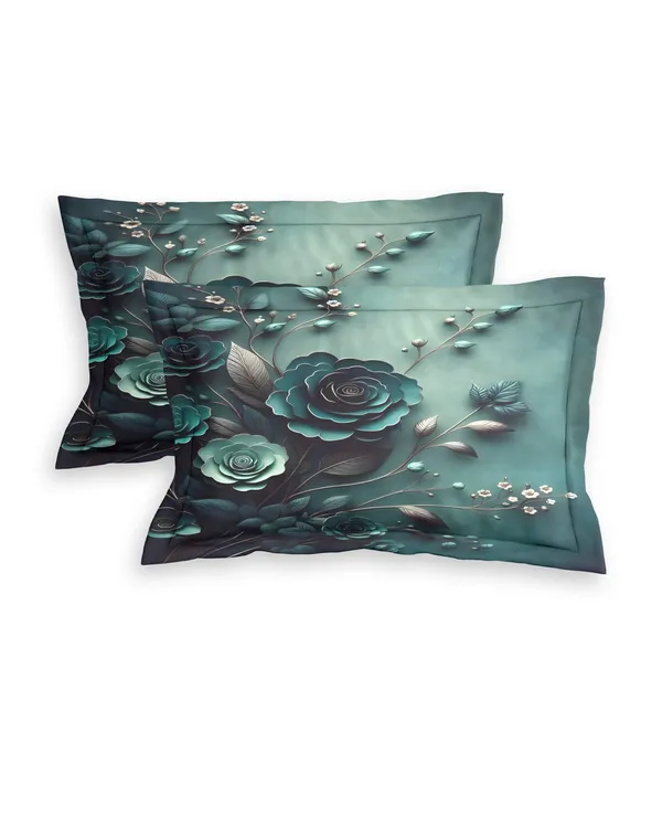 Teal_Green_Floral_Printed_Fitted_Bedsheet_With_Pillow_Covers