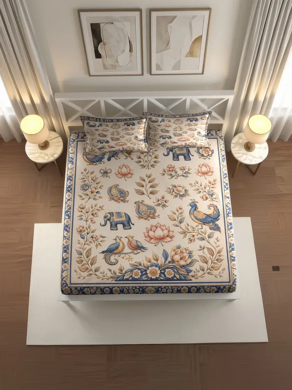 Beige_Floral_Print_Cotton_King_Size_Bedsheet_With_Pillow_Covers