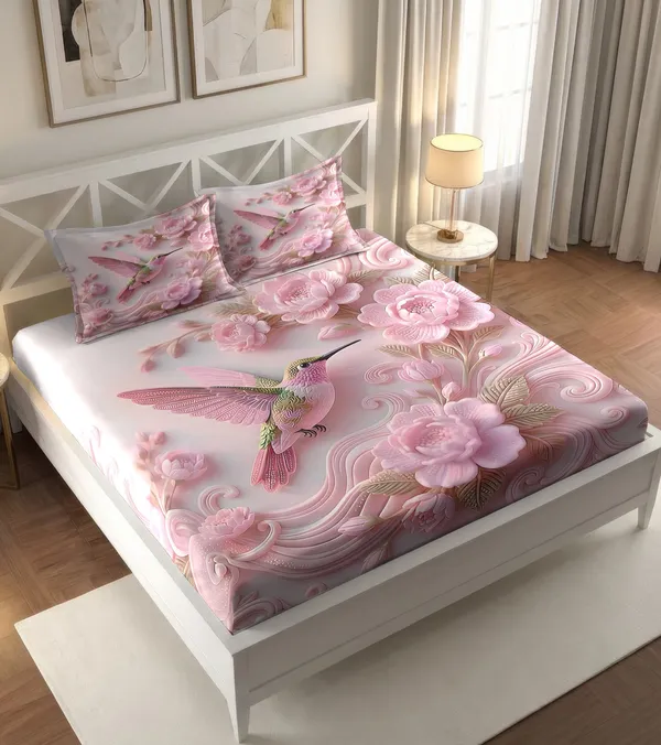 Pink_Floral_Hummingbird_Print_King_Size_Bedsheet_Set