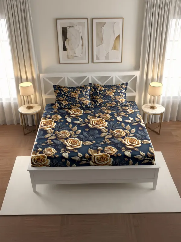 Navy_Blue_Floral_Print_King_Size_Bedsheet_With_Pillow_Covers