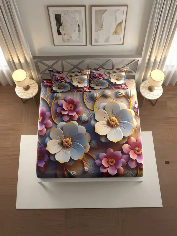 Multicolor_Floral_Print_Fitted_Bedsheet_With_Two_Pillow_Covers