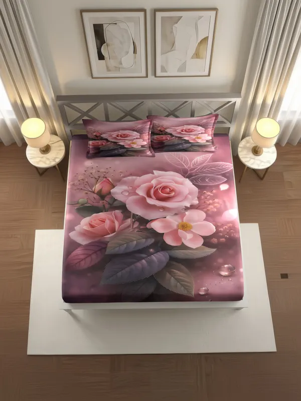 Pink_Floral_Print_Fitted_King_Size_Bedsheet_With_Pillow_Covers