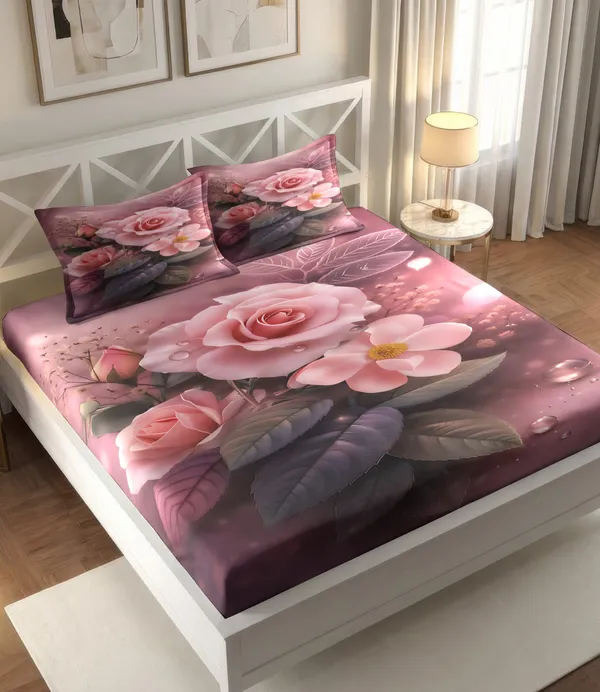 Pink_Floral_Print_Fitted_King_Size_Bedsheet_With_Pillow_Covers