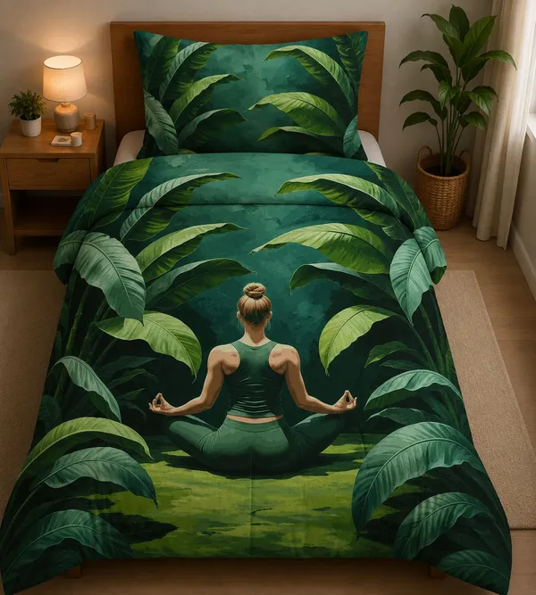 Green_Yoga_Meditation_Tropical_Leaves_Print_Single_Bedsheet_Set