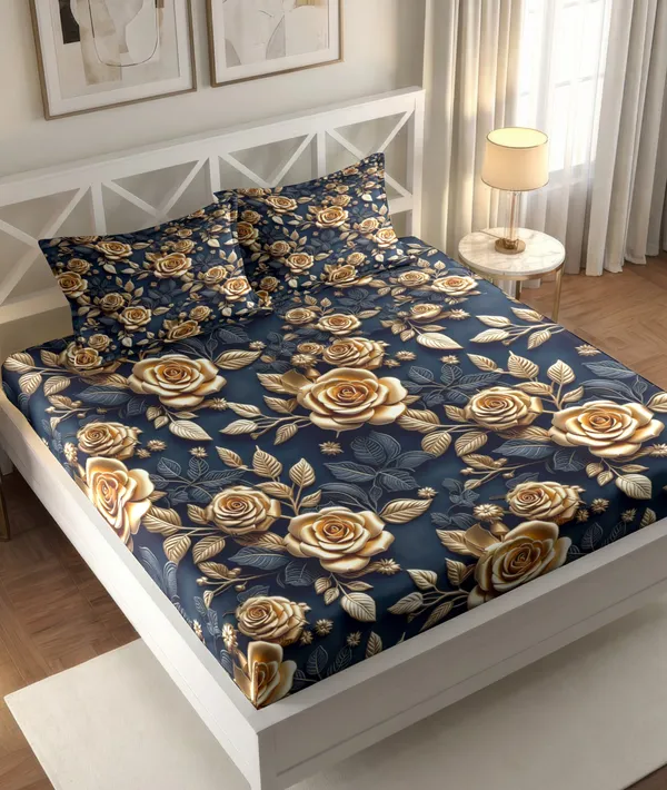Navy_Blue_Floral_Print_King_Size_Bedsheet_With_Pillow_Covers