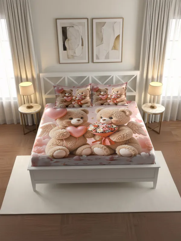 Pink_Teddy_Bear_Print_King_Size_Bedsheet_With_Pillow_Covers