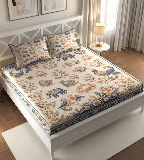 Beige_Floral_Print_Cotton_King_Size_Bedsheet_With_Pillow_Covers