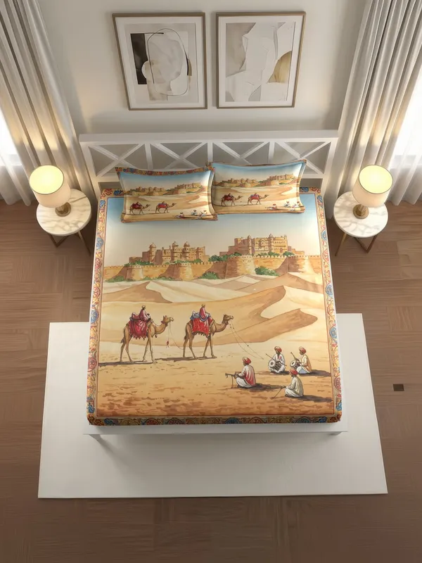 Desert_Fort_Camel_Caravan_Printed_King_Size_Bedsheet_Set