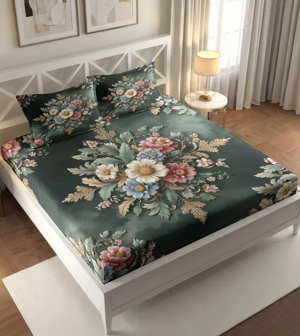 Dark_Green_Floral_Print_Fitted_Bedsheet_With_Pillow_Covers