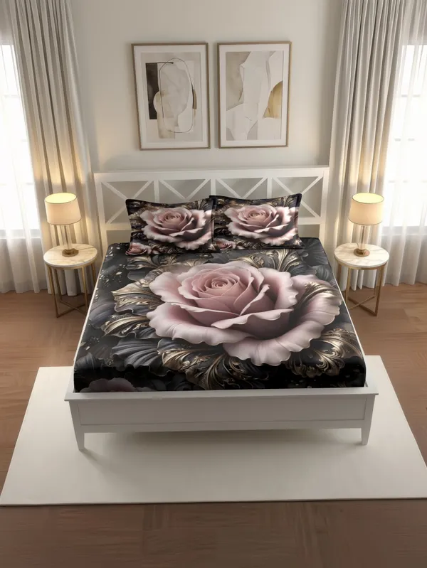 Black_Grey_Rose_Floral_Print_King_Size_Bedsheet_With_Pillow_Covers
