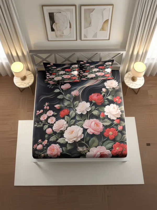 Black_Floral_Printed_Double_Bedsheet_With_Pillow_Covers
