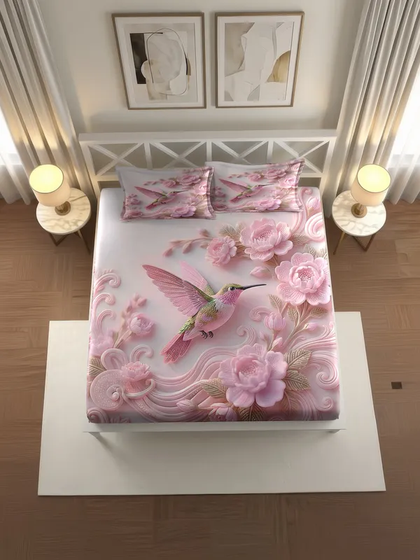 Pink_Floral_Hummingbird_Print_King_Size_Bedsheet_Set