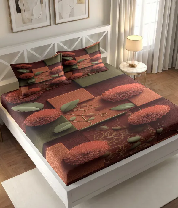 Brown_Floral_Print_Polyester_Double_Bedsheet_With_Pillow_Covers