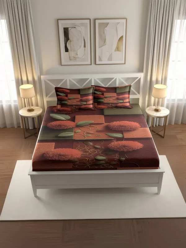 Brown_Floral_Print_Polyester_Double_Bedsheet_With_Pillow_Covers