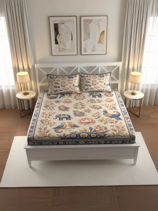 Beige_Floral_Print_Cotton_King_Size_Bedsheet_With_Pillow_Covers
