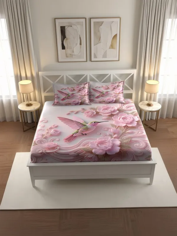 Pink_Floral_Hummingbird_Print_King_Size_Bedsheet_Set