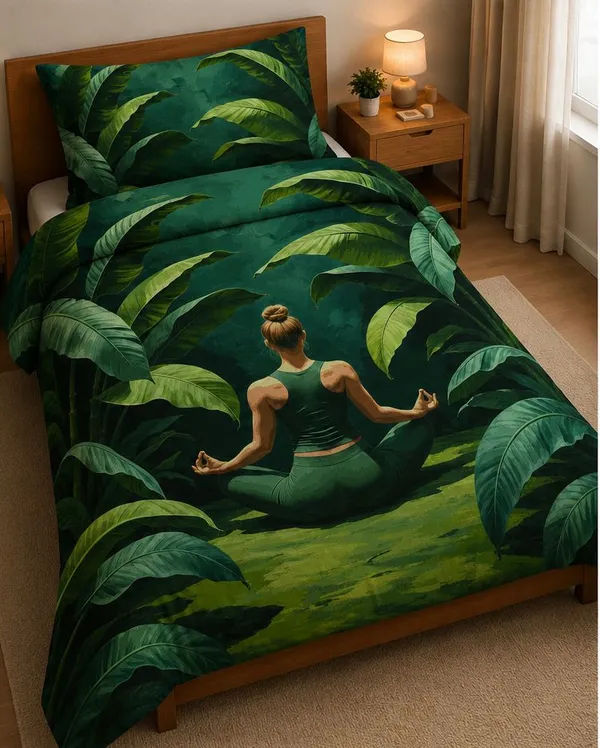 Green_Yoga_Meditation_Tropical_Leaves_Print_Single_Bedsheet_Set