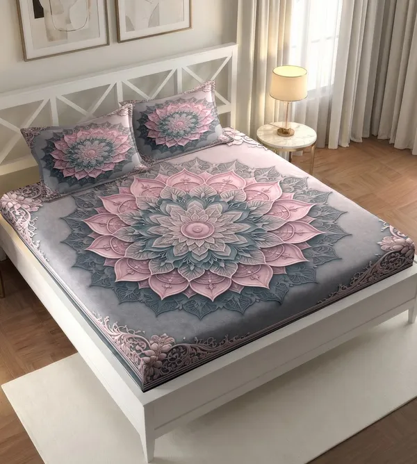 Grey_Pink_Lotus_Mandala_Printed_King_Size_Bedsheet_With_Pillow_Covers