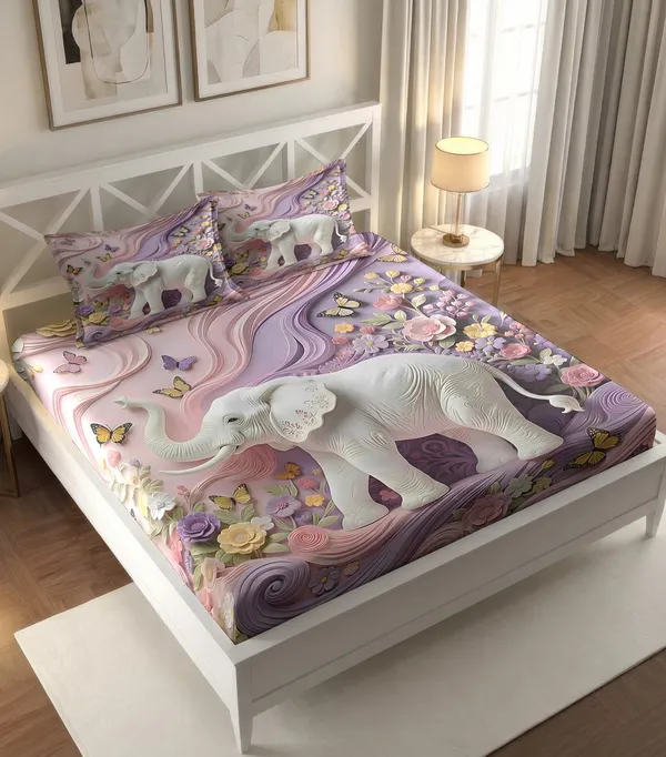 Purple_Floral_Elephant_Print_King_Size_Bedsheet_With_Pillow_Covers