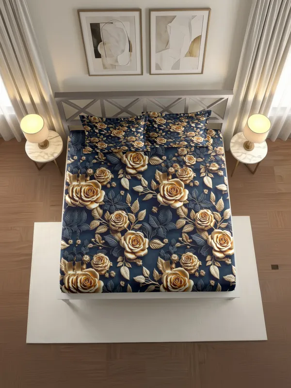 Navy_Blue_Floral_Print_King_Size_Bedsheet_With_Pillow_Covers