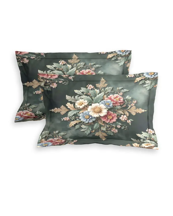 Dark_Green_Floral_Print_Fitted_Bedsheet_With_Pillow_Covers