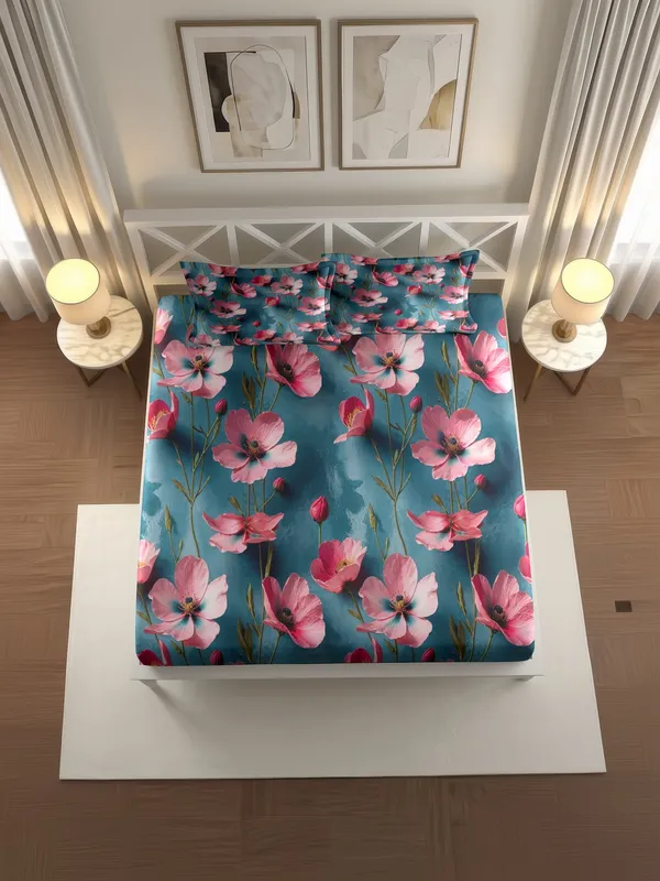 Teal_Blue_Floral_Print_King_Size_Bedsheet_Set
