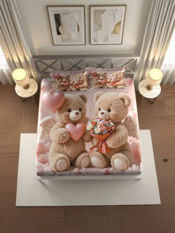 Pink_Teddy_Bear_Print_King_Size_Bedsheet_With_Pillow_Covers