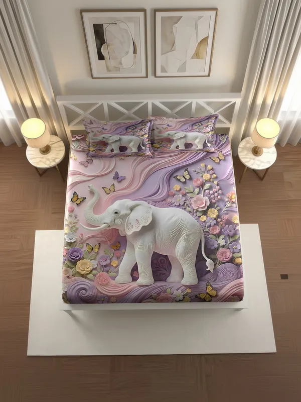 Purple_Floral_Elephant_Print_King_Size_Bedsheet_With_Pillow_Covers