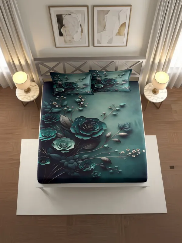 Teal_Green_Floral_Printed_Fitted_Bedsheet_With_Pillow_Covers