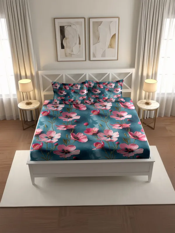 Teal_Blue_Floral_Print_King_Size_Bedsheet_Set