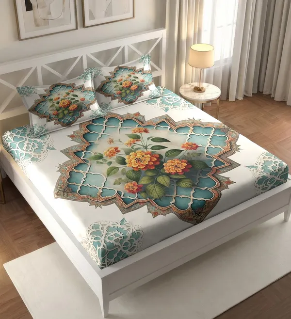 White_Floral_Print_King_Size_Bedsheet_With_Pillow_Covers