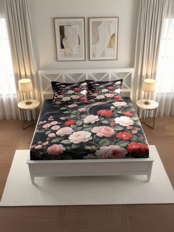Black_Floral_Printed_Double_Bedsheet_With_Pillow_Covers