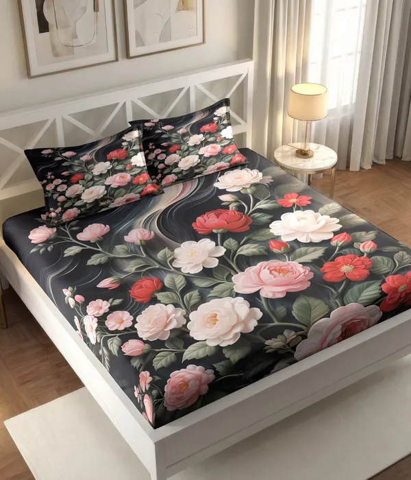 Black_Floral_Printed_Double_Bedsheet_With_Pillow_Covers