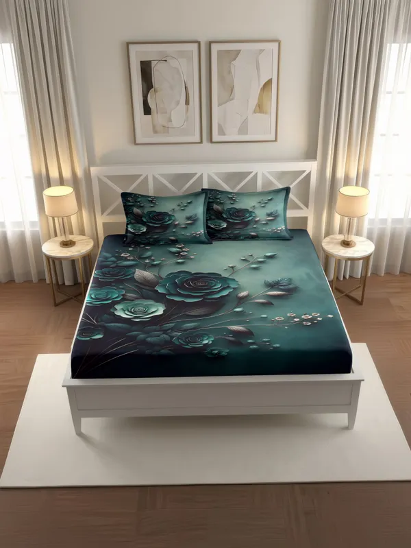 Teal_Green_Floral_Printed_Fitted_Bedsheet_With_Pillow_Covers