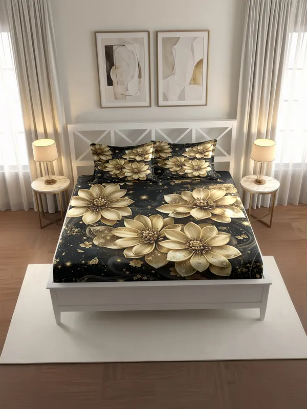 Golden_Floral_Black_King_Size_Bedsheet_With_2_Pillow_Covers