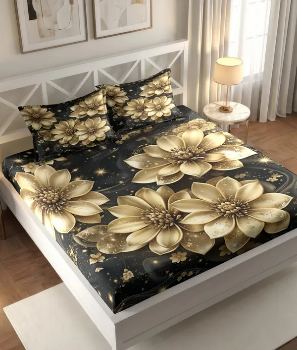 Golden_Floral_Black_King_Size_Bedsheet_With_2_Pillow_Covers