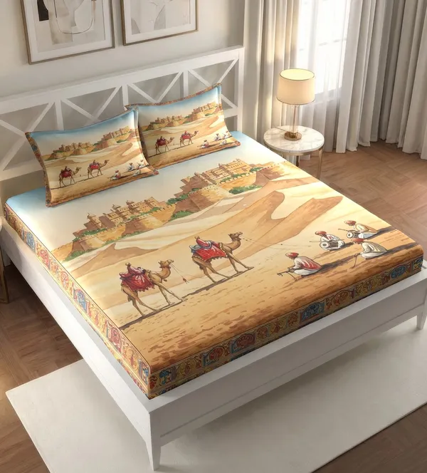 Desert_Fort_Camel_Caravan_Printed_King_Size_Bedsheet_Set
